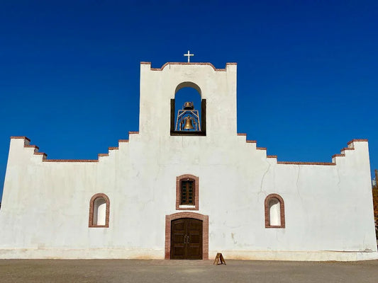 8x10 matted photo print of Socorro Mission by Susan W Perez, featuring El Paso artwork, with backing included for framing.