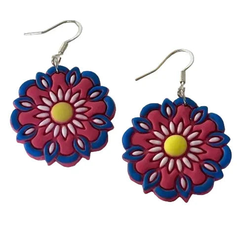 Fiesta polymer clay dangle earrings with stainless steel hooks, 1x1 inch, by Melissa Cortinas, colorful and lightweight jewelry accessory.