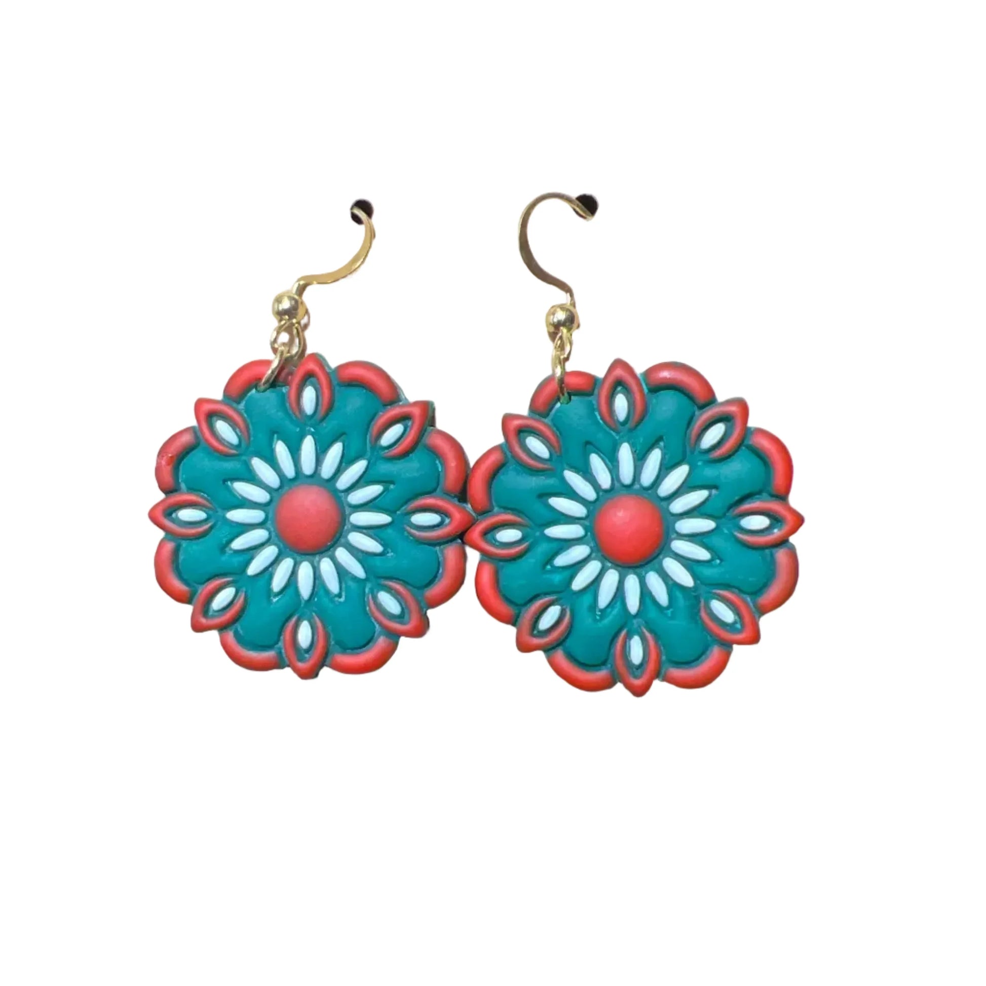 Fiesta polymer clay dangle earrings with stainless steel hooks, 1x1 inch in size, by Melissa Cortinas, colorful jewelry accessory.