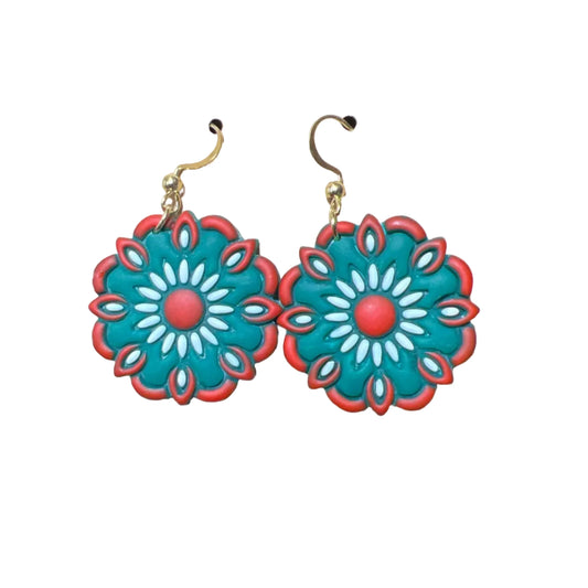 Fiesta polymer clay dangle earrings with stainless steel hooks, 1x1 inch in size, by Melissa Cortinas, colorful jewelry accessory.