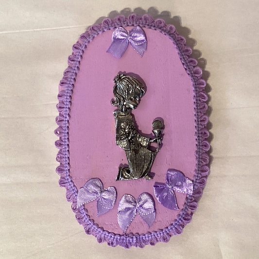 Purple Catholic Cross plaque for First Communion, devotional wall decor with Christian symbolism, ideal for religious gift-giving.