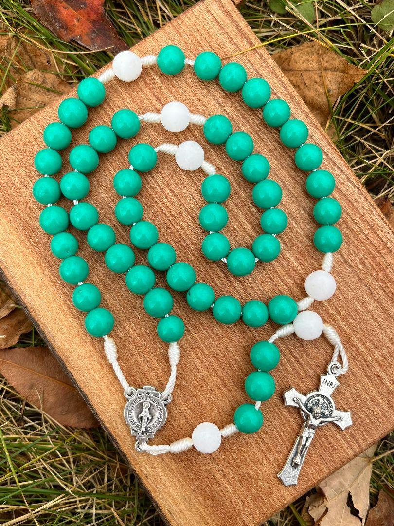 Five Decade Catholic Rosary – Jade Gemstones with Miraculous Medal Center & Saint Benedict Crucifix - Ysleta Mission Gift Shop
