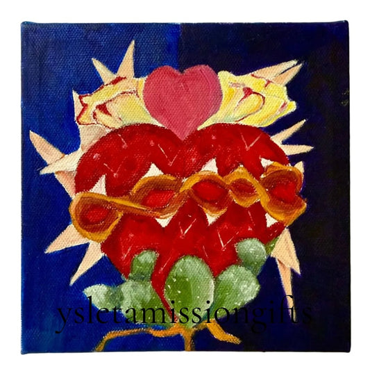 A 6x6 inch acrylic painting of a flaming heart with nopales cactus, Southwestern style artwork by Lorena Williams.