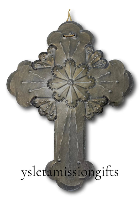 Flower Repujado tin cross by Jerry Montoya, New Mexico Santero artist, wall art featuring intricate floral designs, 9x7 inches.