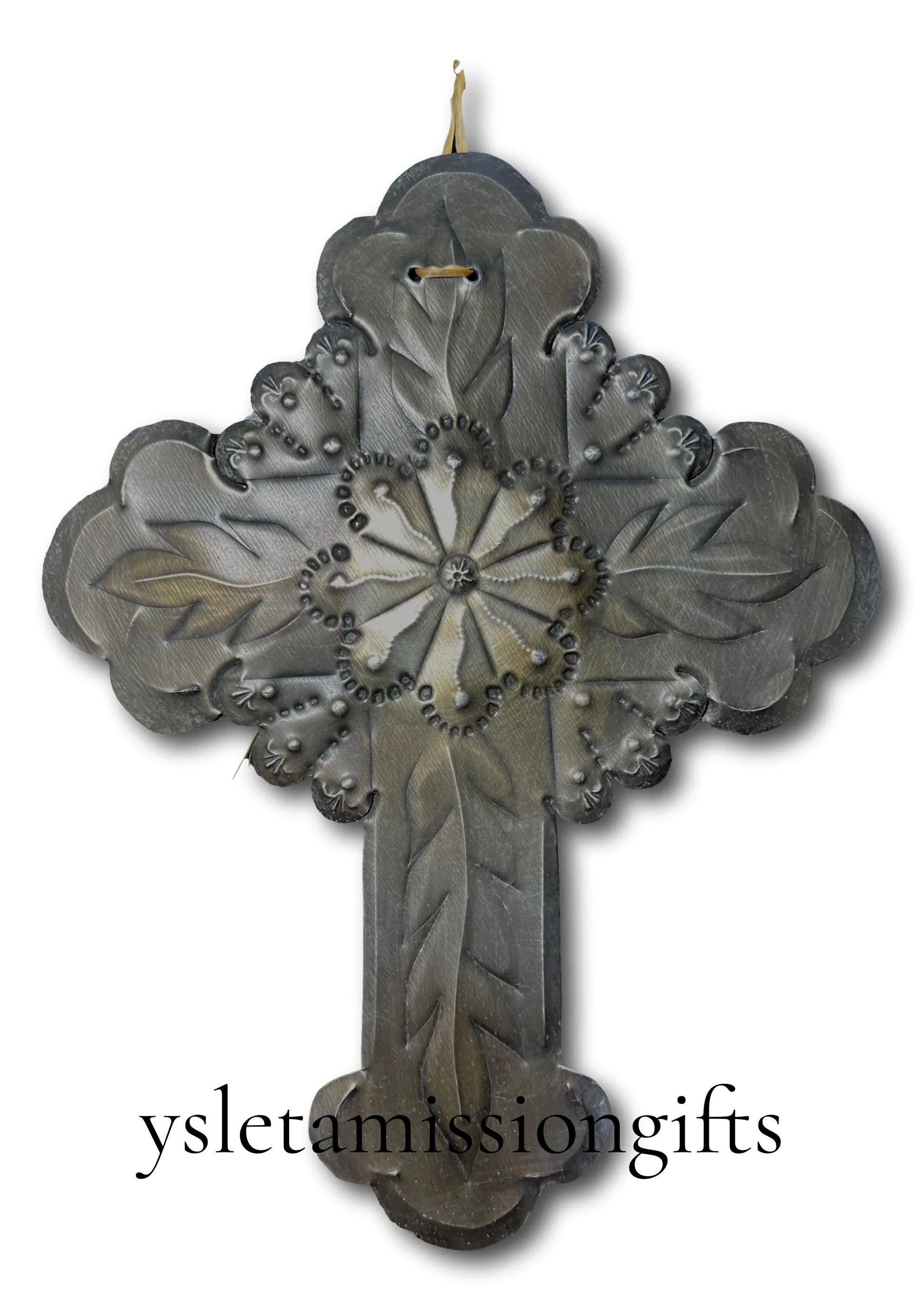 Flower Repujado Tin Cross by Jerry Montoya – New Mexico Santero Artist, Wall Art, 9" x 7" - Ysleta Mission Gift Shop