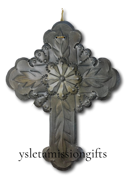 Flower Repujado Tin Cross by Jerry Montoya, New Mexico Santero artist, featuring intricate floral designs, wall-mounted Catholic art, 9x7 inches.