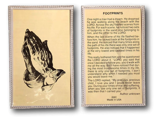 Laminated "Footprints" prayer card with spiritual reflection, featuring footprints design, from Ysleta Mission Gift Shop.