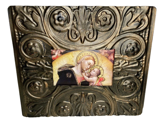 Frame Pressed Metal Wood Back Madonna Image Handcrafted