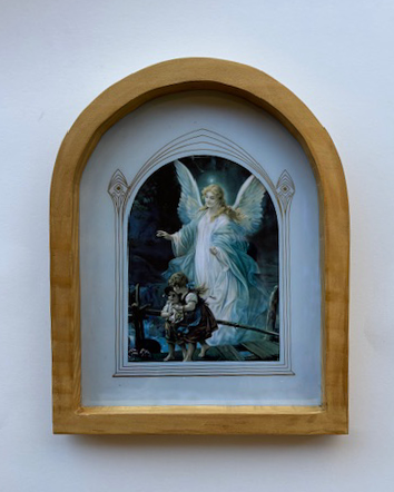 Framed Guardian Angel wall art by Miguel Martinez, Catholic Christian devotional plaque with detailed angel illustration.