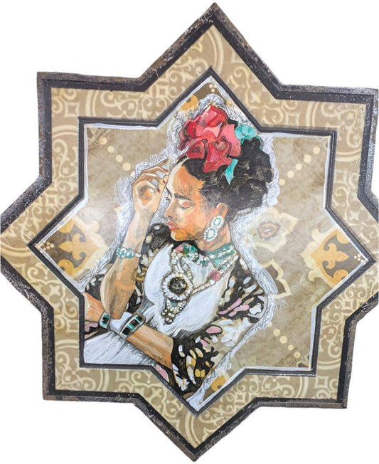 Frida Kahlo Acrylic Painting on 14"x4" Wooden Star