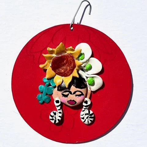 Frida Ornament - Handmade 3D Polymer Clay Art On Wood - Ysleta Mission Gift Shop