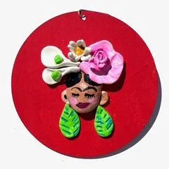 Frida Ornament - Handmade 3D Polymer Clay Art On Wood - Ysleta Mission Gift Shop