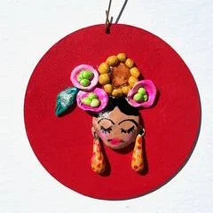 Frida Ornament - Handmade 3D Polymer Clay Art On Wood - Ysleta Mission Gift Shop