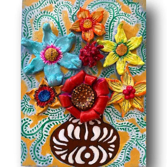 Colorful Funky Flowers wall art by Susan W Perez featuring acrylic and polymer clay on wood for vibrant home decor.
