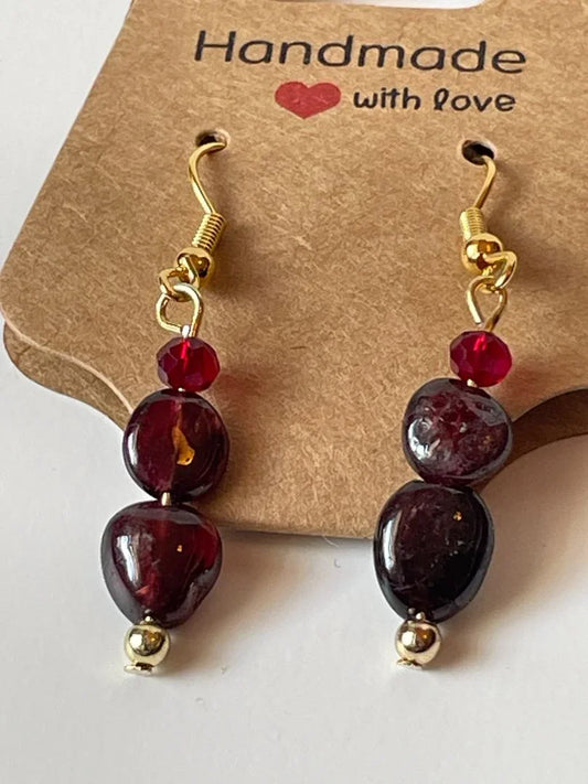 Garnet and gold seed bead dangle earrings with gold ear hooks, 1 inch long, by Sylvia Leroux in jewelry and accessories collection.