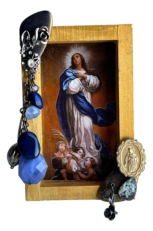 Handcrafted Catholic jewelry and religious recycled art from Ysleta Mission Gift Shop, featuring unique found item designs.