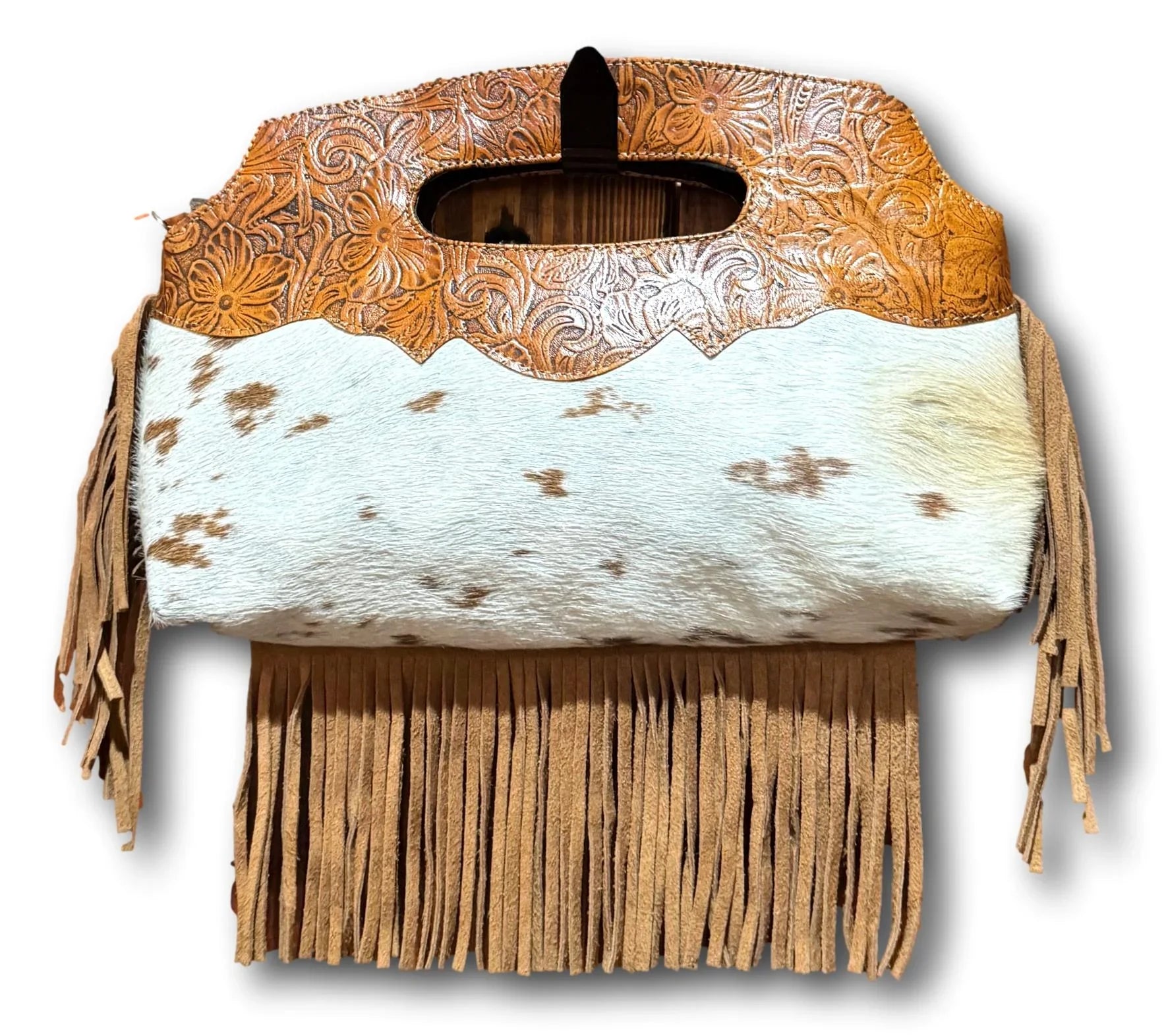 Genuine Mexican leather cowhide purse with handcrafted design, featuring natural leather texture and elegant craftsmanship.