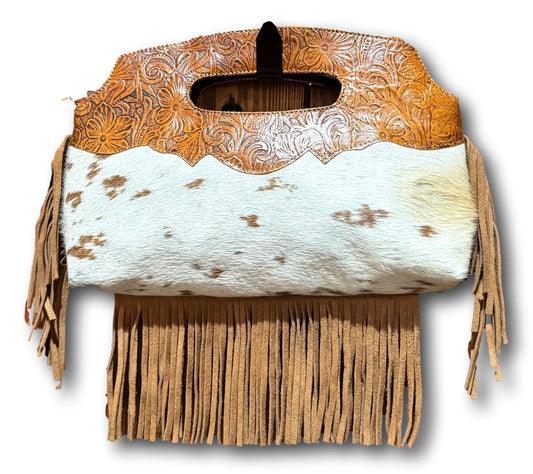 Genuine Mexican leather cowhide purse with handcrafted design, featuring natural leather texture and elegant craftsmanship.