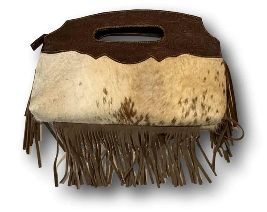 Genuine Mexican leather cowhide purse with handcrafted design, featuring a sturdy strap and elegant craftsmanship.