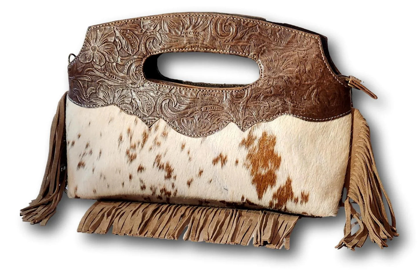 Genuine Mexican leather cowhide purse with handcrafted design, featuring a classic handbag style from Ysleta Mission Gift Shop.