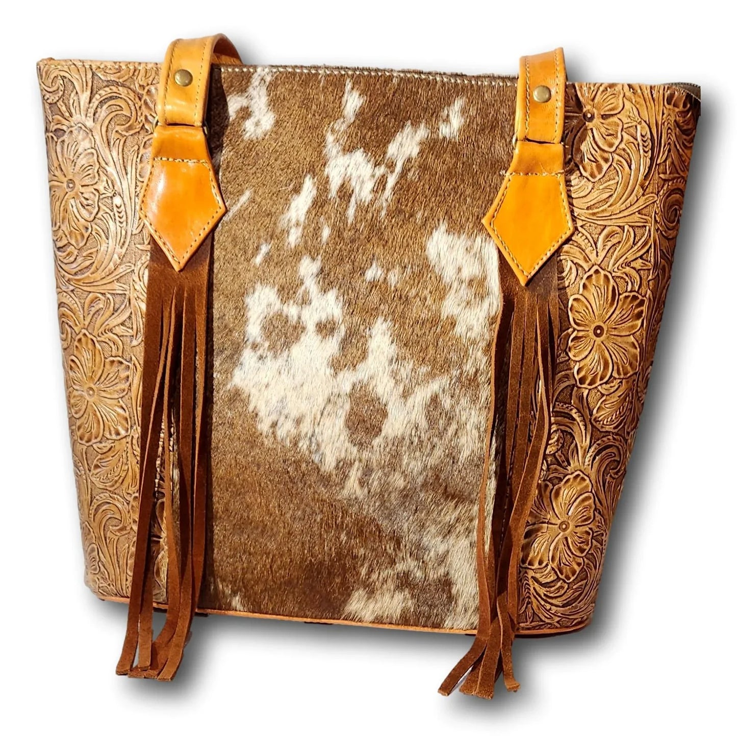 Genuine Mexican leather cowhide purse with handcrafted design, featuring a sleek handbag style and natural leather finish.