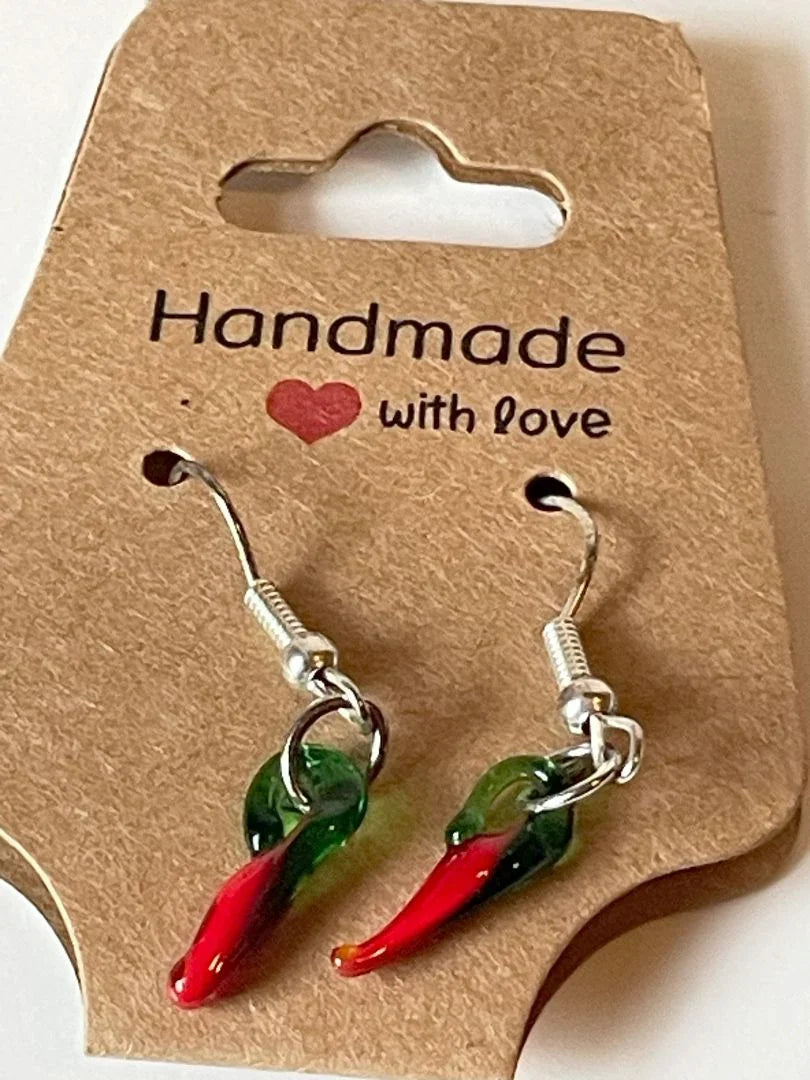 Glass pulled chili bead earrings by Sylvia Leroux, 1.5 inches long, featuring vibrant red chili-shaped glass beads.