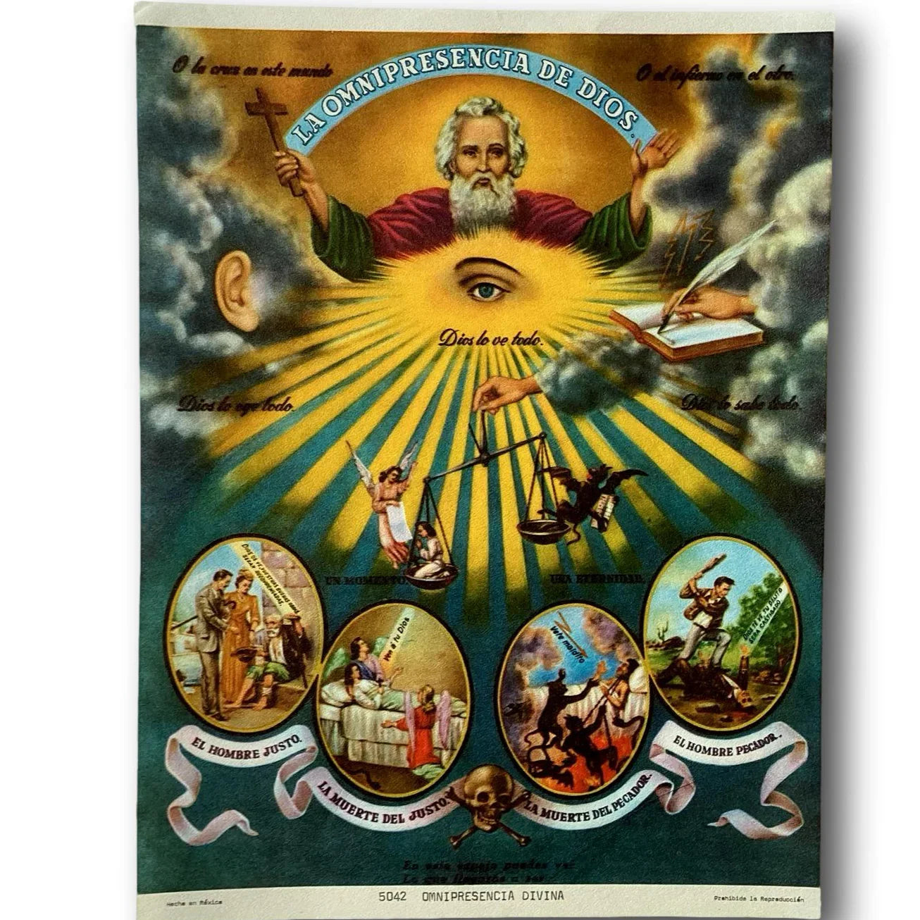 Framed Catholic devotional print titled “God’s Omnipresence” by Ysleta Mission Gift Shop, depicting divine presence in vibrant artwork.