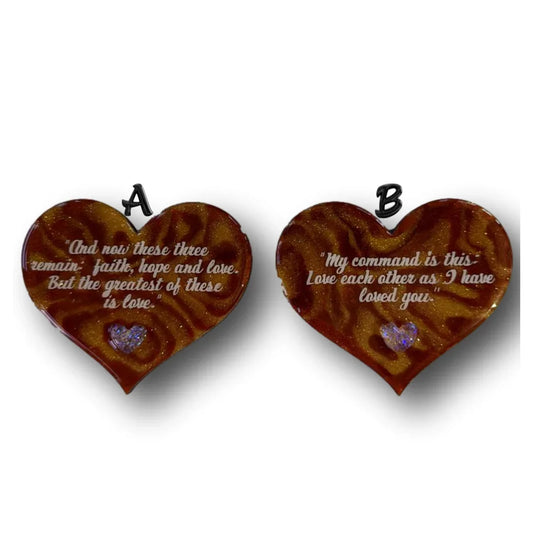 Handmade gold and rust resin heart magnets on wood, decorative fridge magnets with warm tones by Brigitte Rosson.