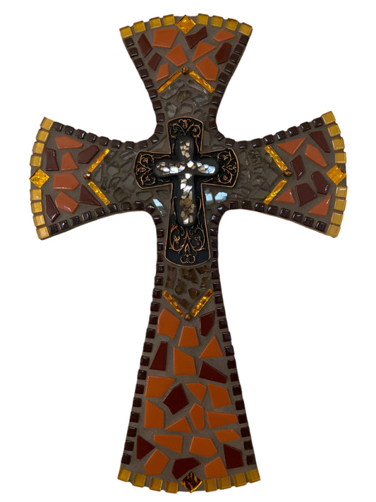 Radiant Gold Mosaic & Glass Wooden Cross – 16"x11"