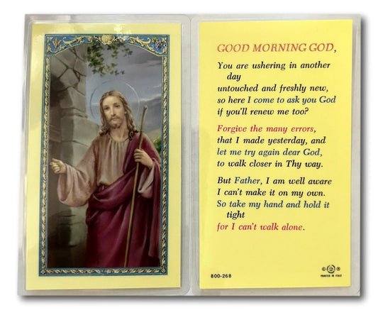 Laminated Good Morning God prayer card with uplifting Christian message, featuring religious artwork, from Ysleta Mission Gift Shop.