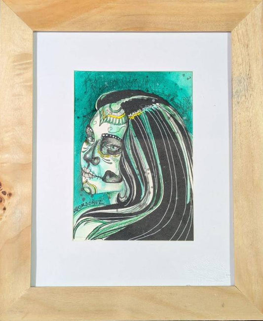 Green Catrina 8"x10" Framed Watercolor Art Print for Dia de los Muertos Decor