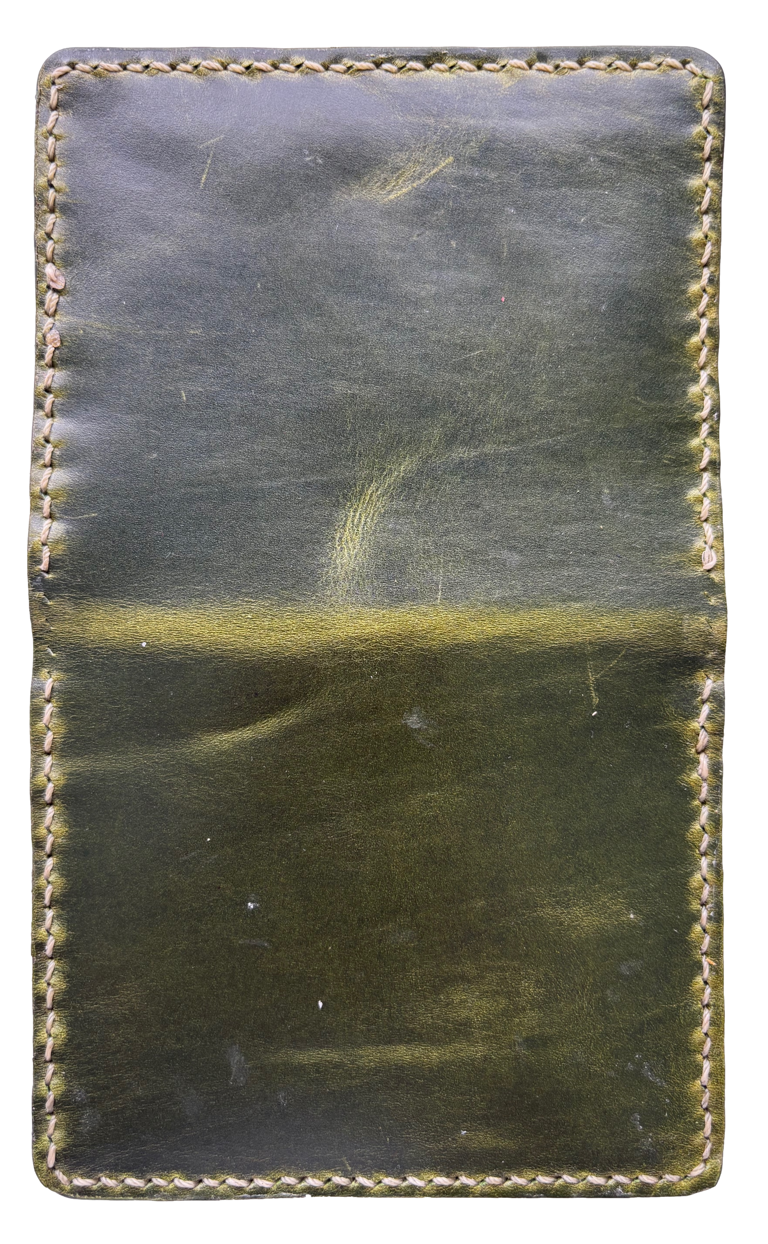 Green leather ID wallet by Consuelo Barraza with card slots and compact design, perfect for everyday use.