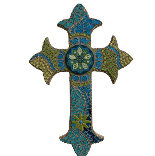 Green Teal Fleur De Lis Mosaic Wood Cross – Round Deco 24.5x16.5