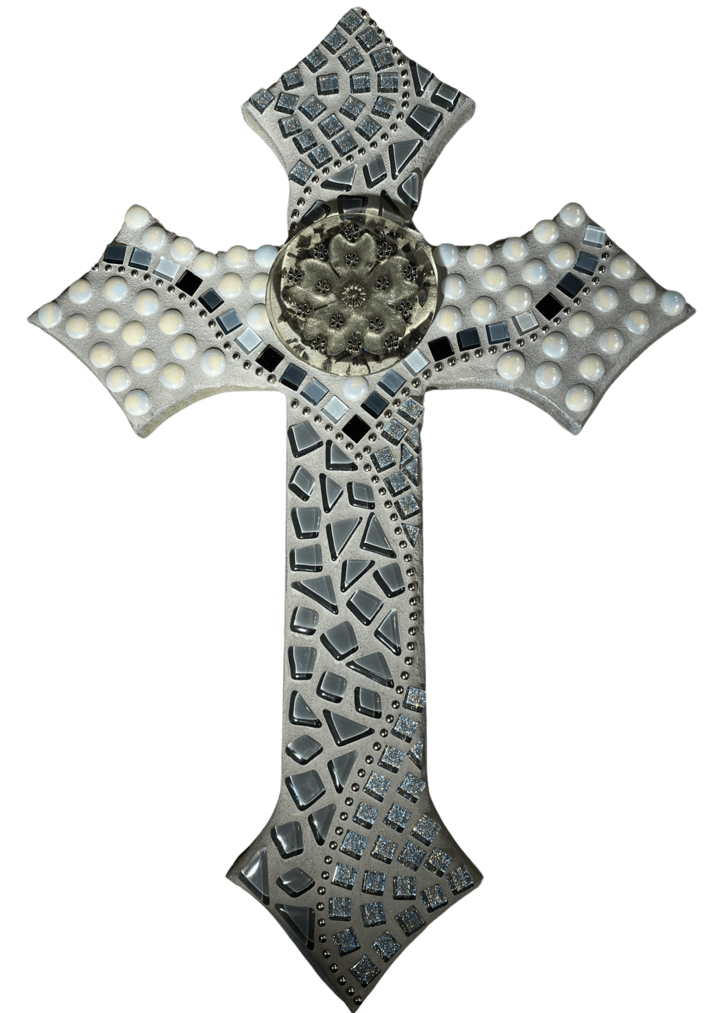 Grey Black White Resin Deco Mosaic Wood Cross – 18.5x12.5