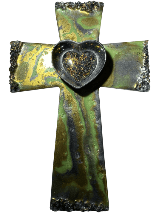 Grey Green Inlaid Glass Heart Resin Mosaic Wood Cross – 12.5x8.5