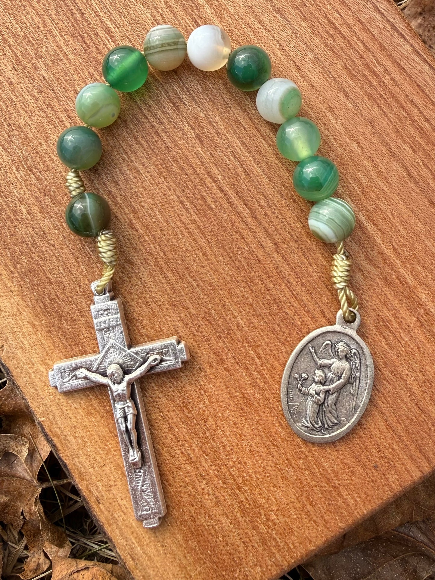 Guardian Angel Green Agate Catholic Pocket Rosary