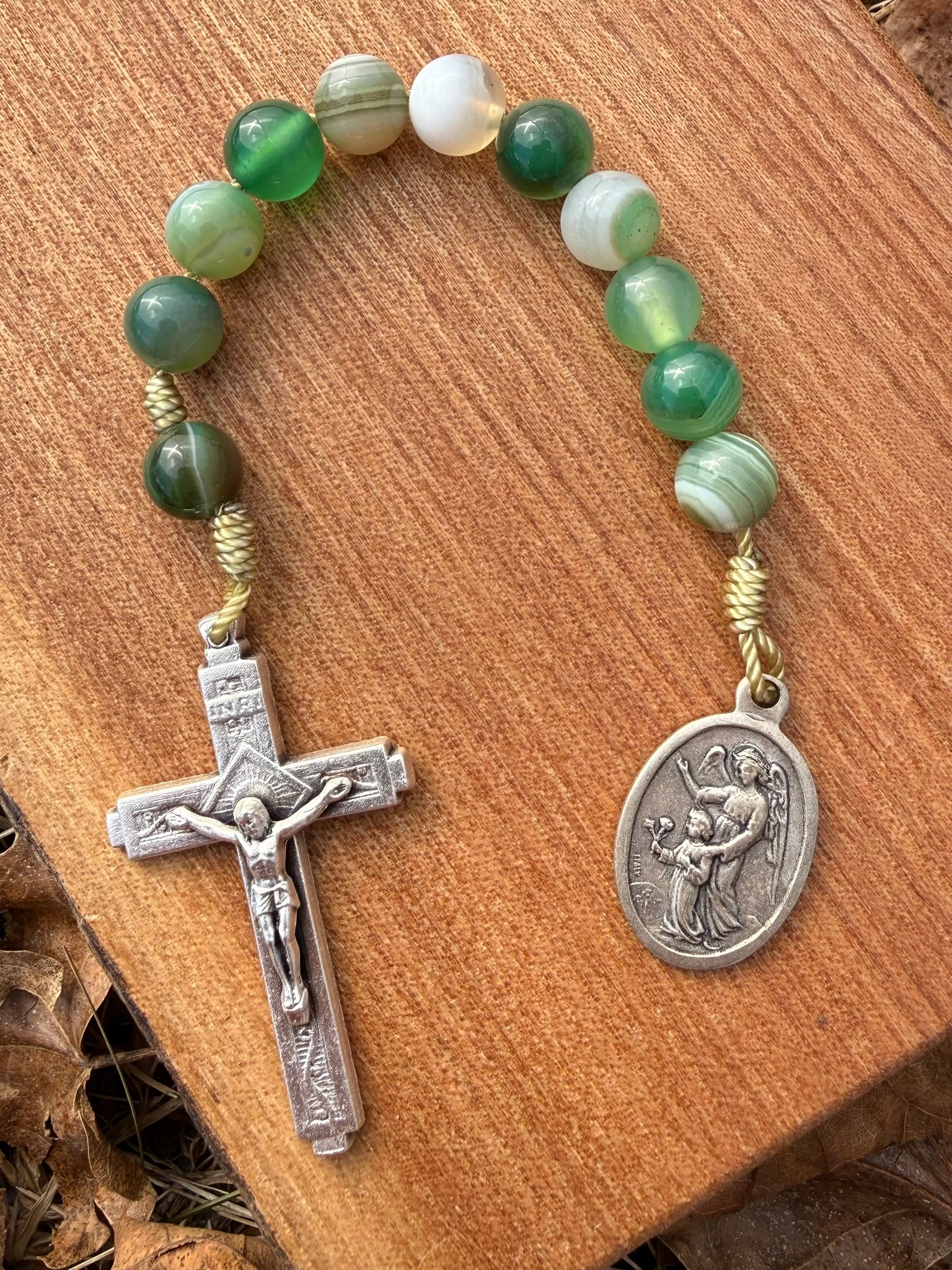 Guardian Angel Green Agate Catholic Pocket Rosary