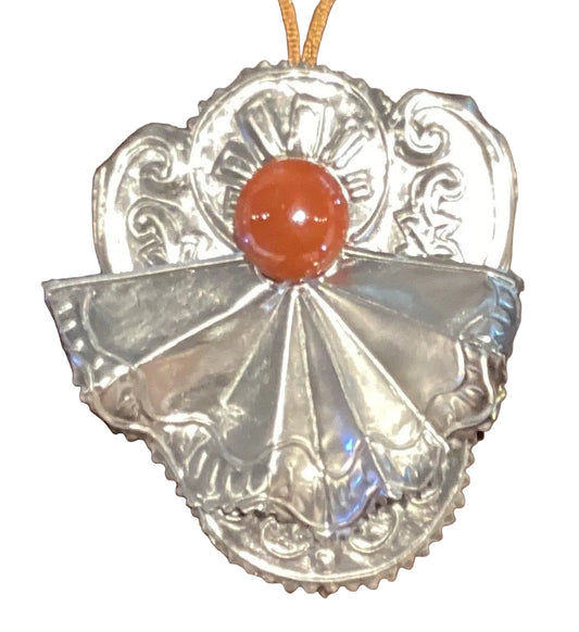 Hand-embossed tin hanging angel with colored glass accent, Catholic religious ornament decor by Marilu Fuentes.