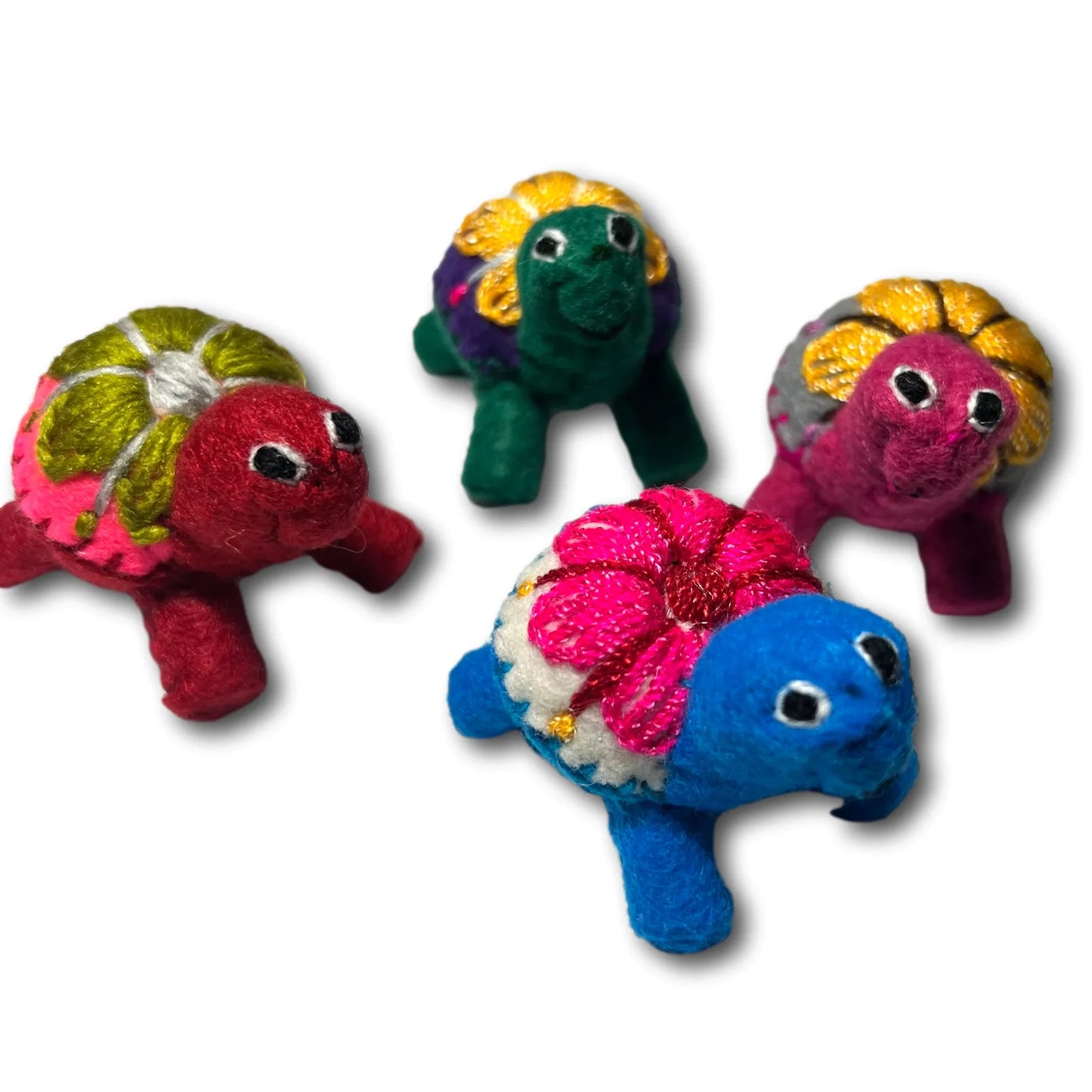 Mini hand-embroidered standing turtle figurine, Mexican folk art, 2x2 inches, perfect for home and garden tablescapes.