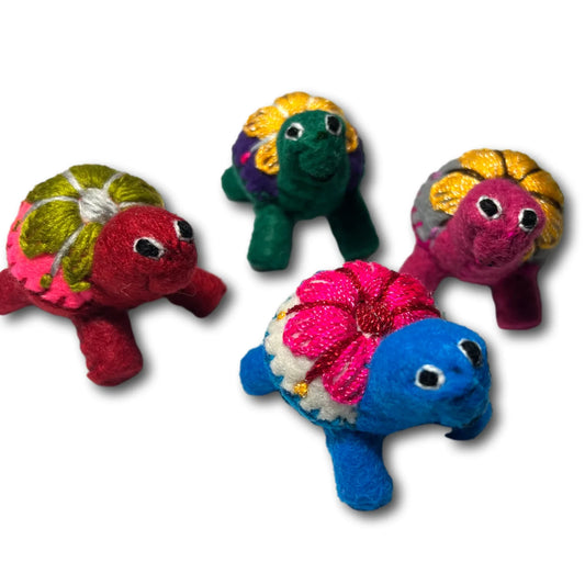 Mini hand-embroidered standing turtle figurine, Mexican folk art, 2x2 inches, perfect for home and garden tablescapes.