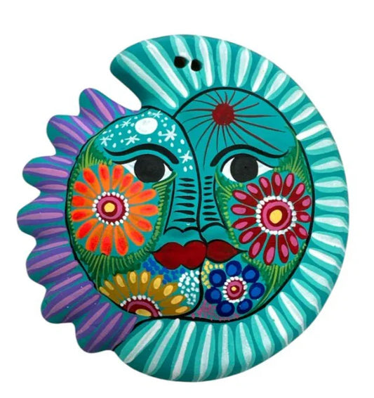 Hand-painted ceramic eclipse wall decor featuring sun and moon motifs by Jose Alberto Chavez, Mexican folk art for home decor.