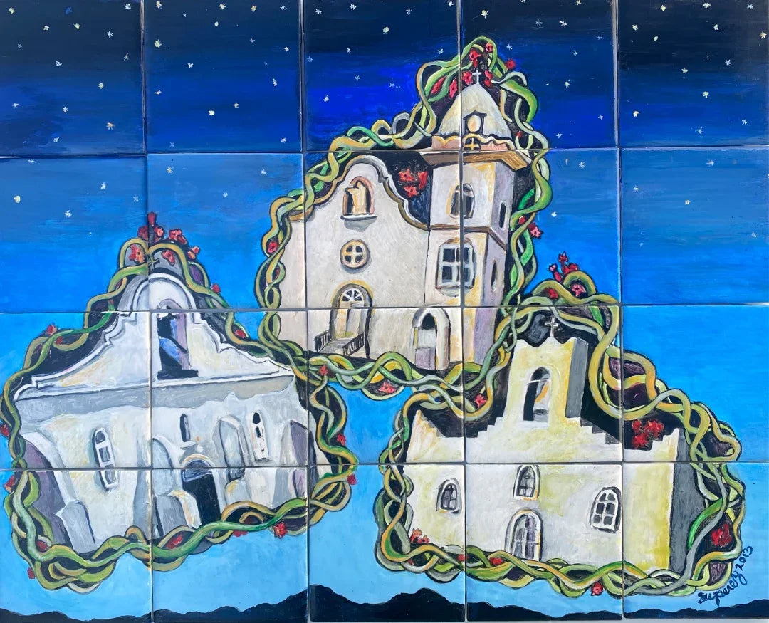 Hand-painted El Paso Missions tile mural by Susan W Perez, Southwest wall art, ideal for indoor or outdoor Mission-style home decor.