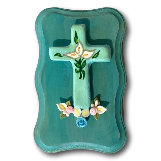 Hand-painted teal cross plaque with lily flowers, Catholic Christian wall decor, 5x3 inches, religious gift art.