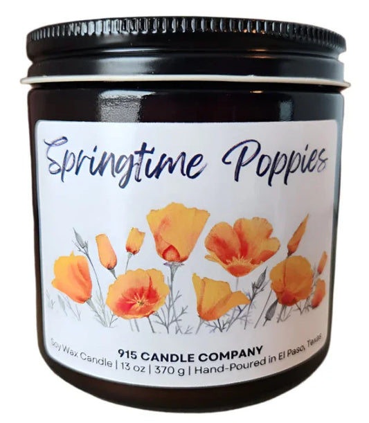Hand-poured soy candle with springtime poppies and desert wildflower scent from El Paso, featuring Karin Melson branding.