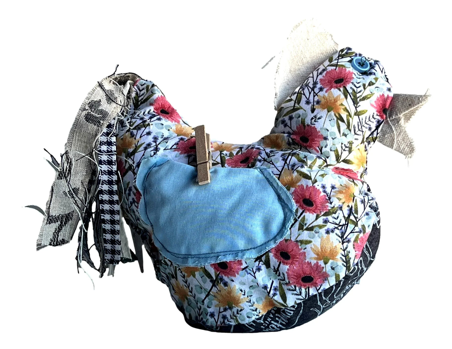 Hand-sewn chicken decor with button eyes, front and back pockets, 9x7 inches, from Ysleta Mission Gift Shop, perfect for home accents.