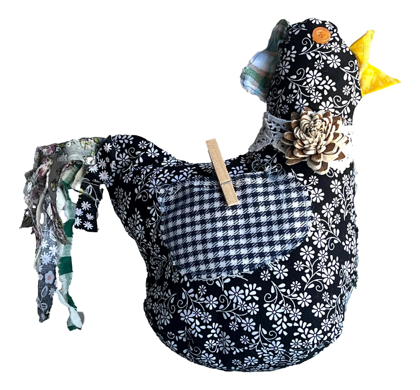 Hand-sewn chicken home decor with button eyes, front and back pockets, 9x7 inches, from Ysleta Mission Gift Shop.