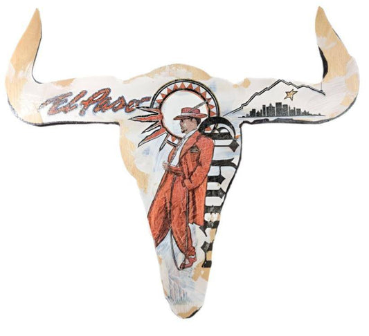 Hand-Touched El Paso Pachuco Art Print on 15"x12" Wooden Cow Skull Shaped Plaque by Ramiro Ordoñez