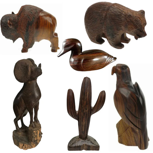 Handcarved ironwood table top decor by Mexican artisans, showcasing elegant craftsmanship and intricate wood details.
