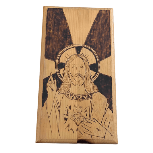 Handcarved Sacred Heart of Jesus Retablo – 14"x8" Wooden Wall Hanging