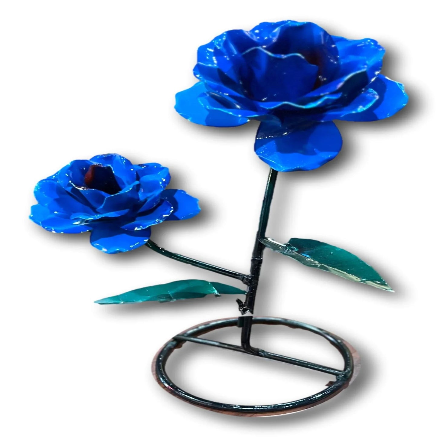 Handcrafted 15-inch blue metal rose sculpture made of welded wrought iron for home and garden decor.